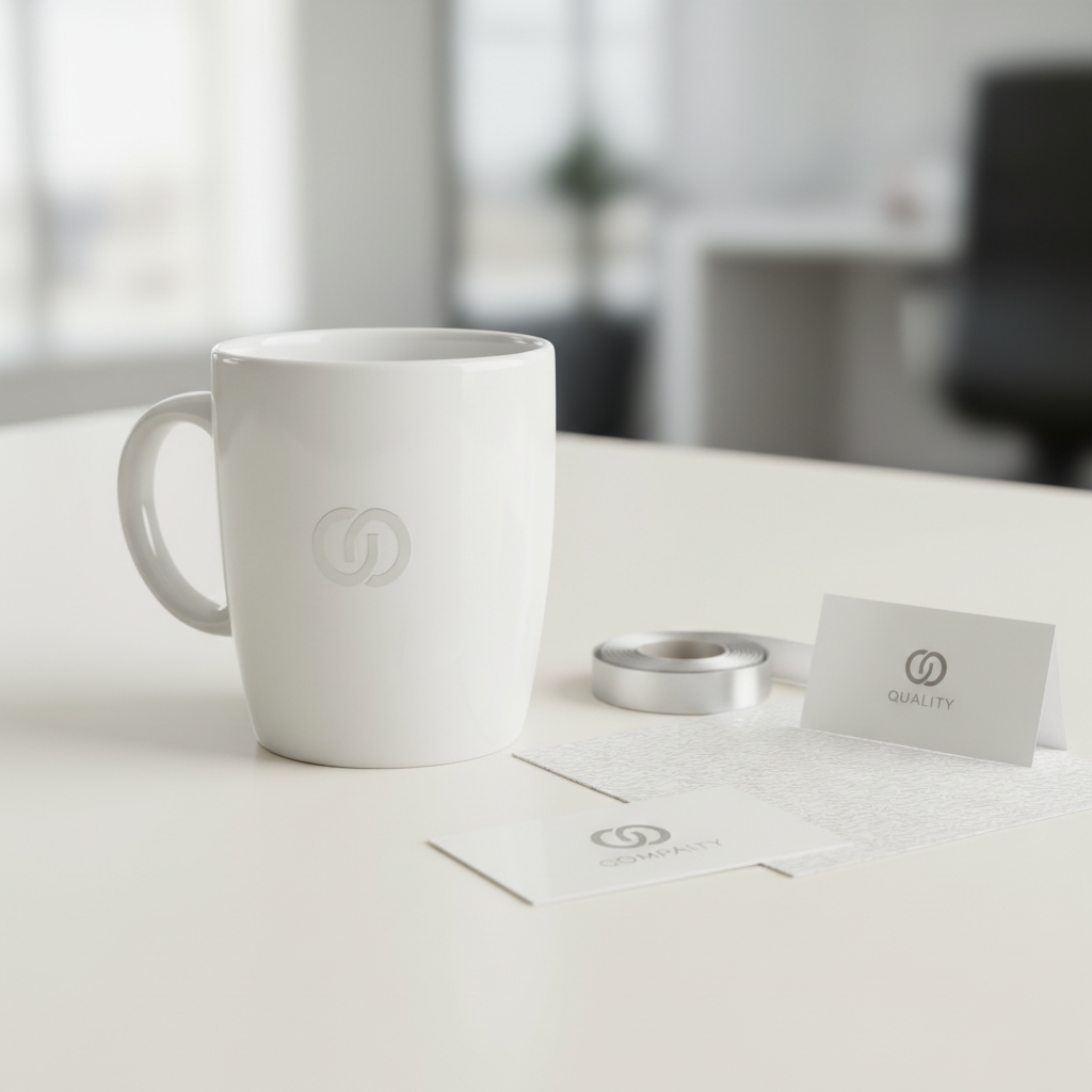 A close-up shot of a flawlessly printed white ceramic mug, featuring a high-gloss finish and a delicately embossed company logo in silver. The mug rests atop a perfectly smooth, neutral-tone desk alongside neatly arranged swatches of branded packaging materials—sleek ribbon, textured wrapping paper, and a minimalist tag. Soft studio lighting bathes the scene, producing subtle reflections on the mug’s surface and barely-there shadows that convey a sense of corporate precision. The image is composed with crisp focus on the mug and a soft-focus background for depth, creating a calm, inviting, and sophisticated mood. The style is clean, modern, and photographic, perfectly suited to illustrating custom promotional quality.