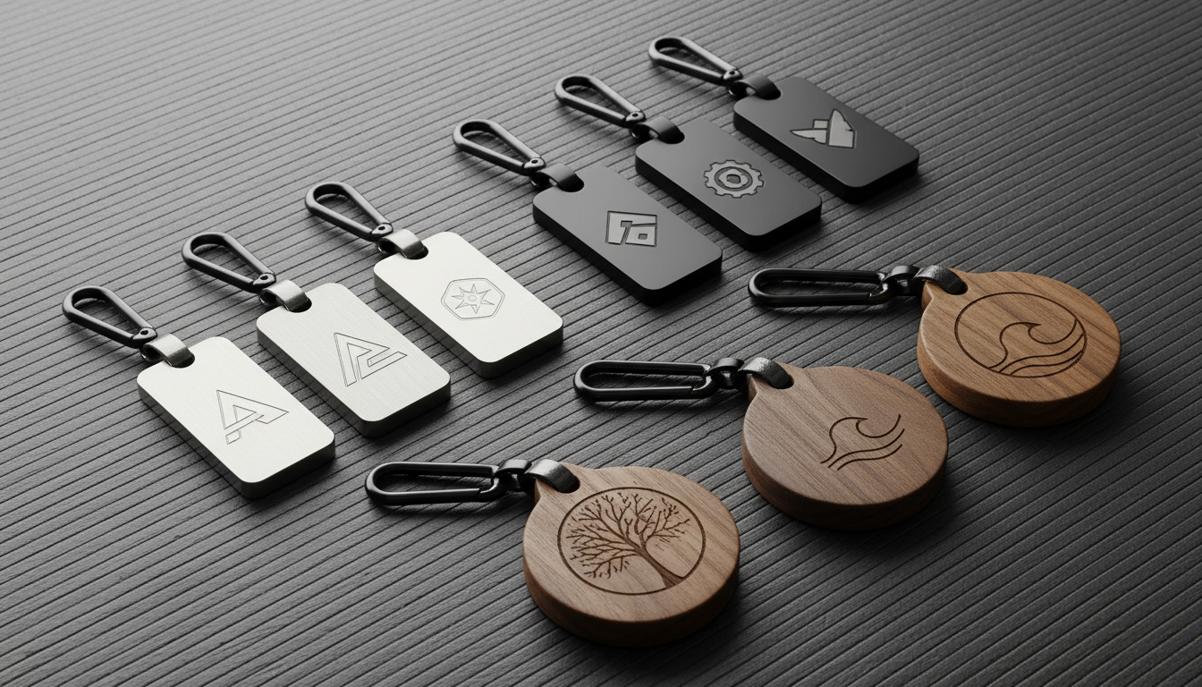 A collection of bespoke keychains, each featuring distinct premium materials—brushed stainless steel, matte black aluminum, and natural walnut wood—inlaid with sleek laser-engraved logos. The keychains are elegantly displayed on a structured, slate-gray backdrop with fine, linear grooves. Side-placed diffused lighting casts gentle highlights on metal and wood textures, creating a sophisticated interplay of light and shadow. Shot at a slight angle for depth, the arrangement uses asymmetrical balance for visual interest. The atmosphere is modern and corporate, focusing on craftsmanship and customization, rendered in a realistic, photographic style to underscore product quality and attention to detail.