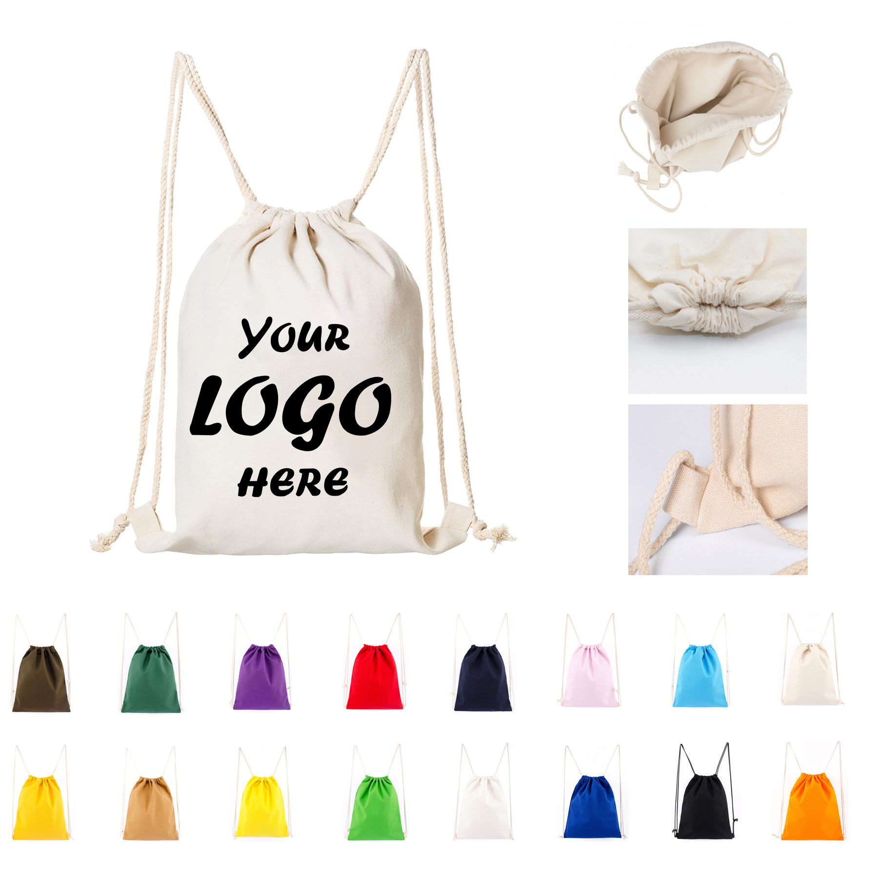Natural Cotton Canvas Drawstring Cinch Double Cords Backpack