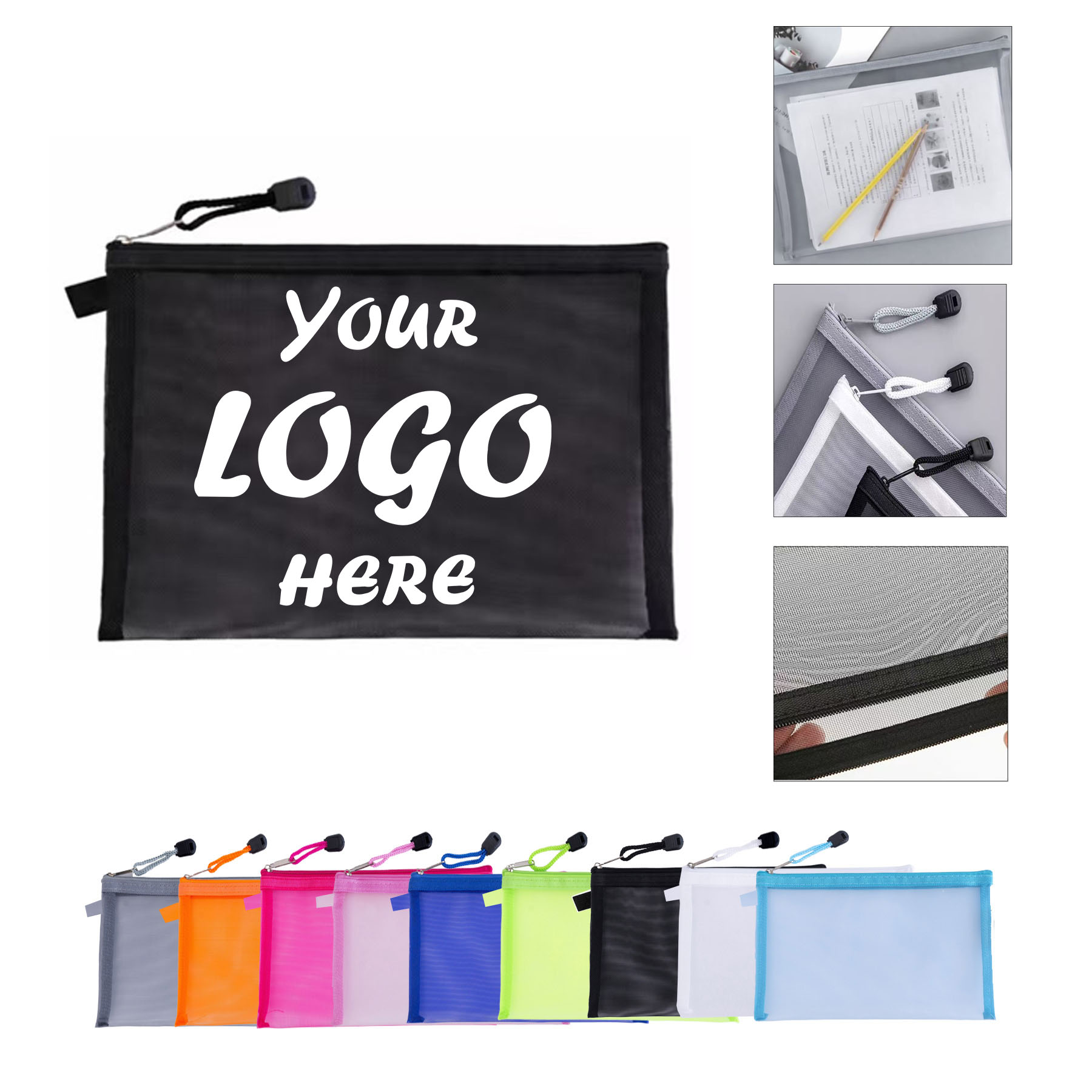 Water-Resistant Mesh Document Pouch With Cord Zipper Pull