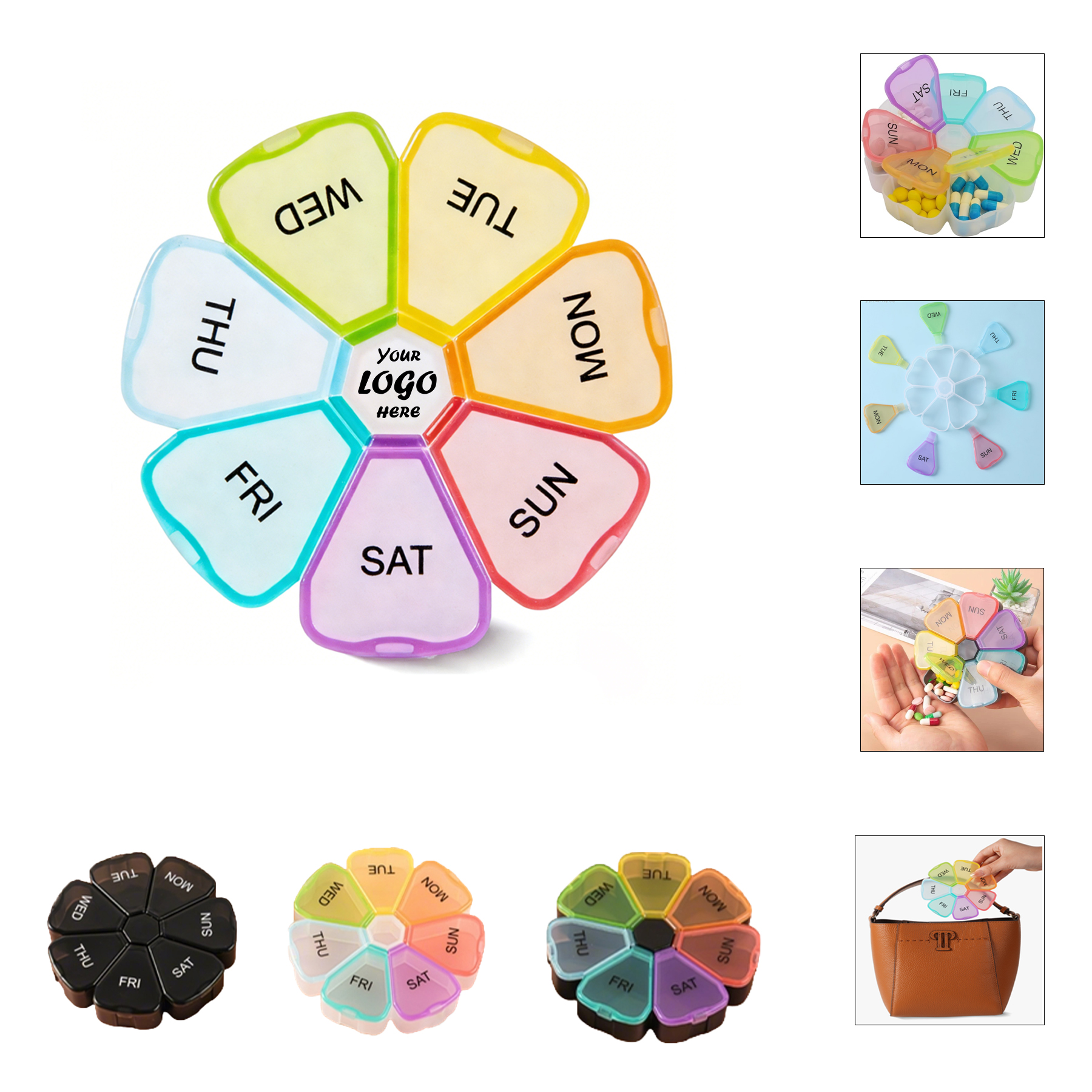 4.75in Round Flower 7 Day Pill Organizer With Rainbow Compartments