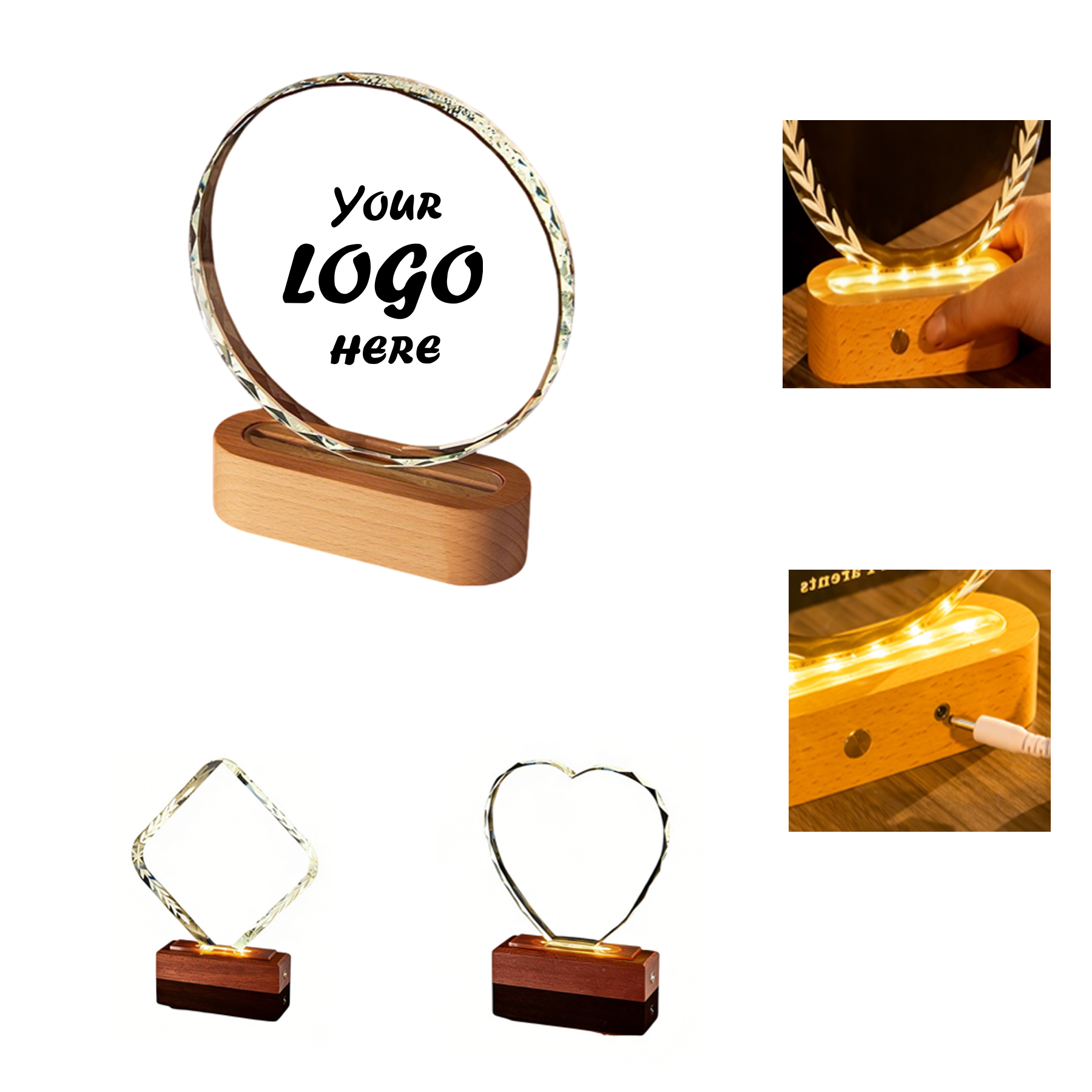 6x7in Glowing Light Up Crystal Memorial Plaque With Wood Base