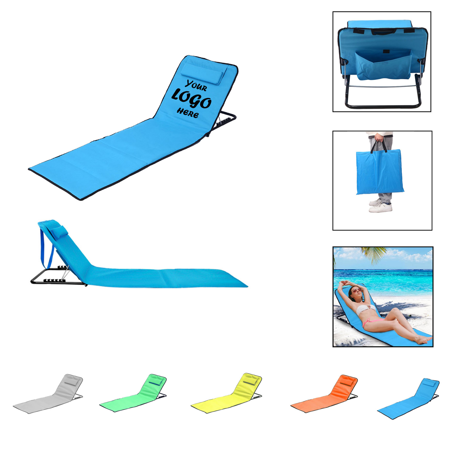 Foldable Lounging Beach Chair With Storage Pocket And Strap