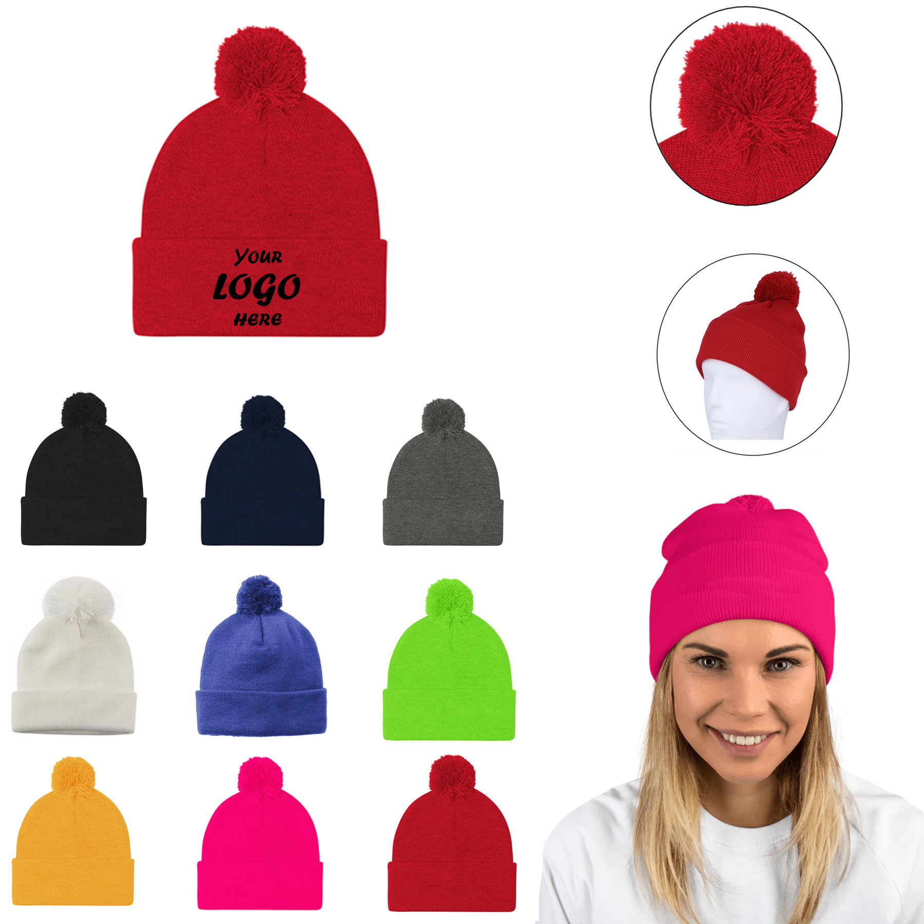 Cozy Knit Custom Embroidery Acrylic Pom Pom Beanie