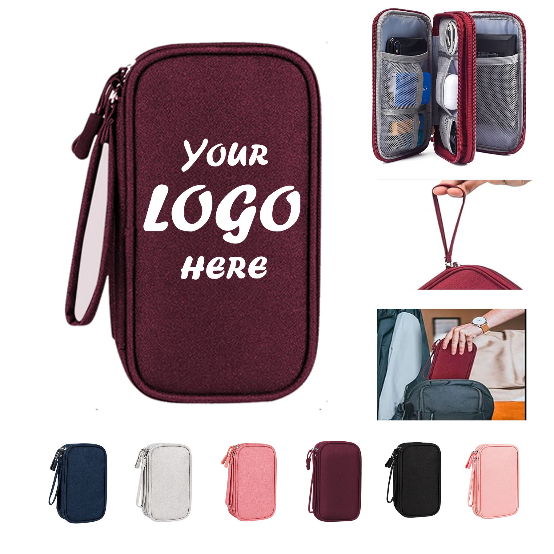 Zippered Electronic Travel Cable Organizer Pouch With Wrist Strap