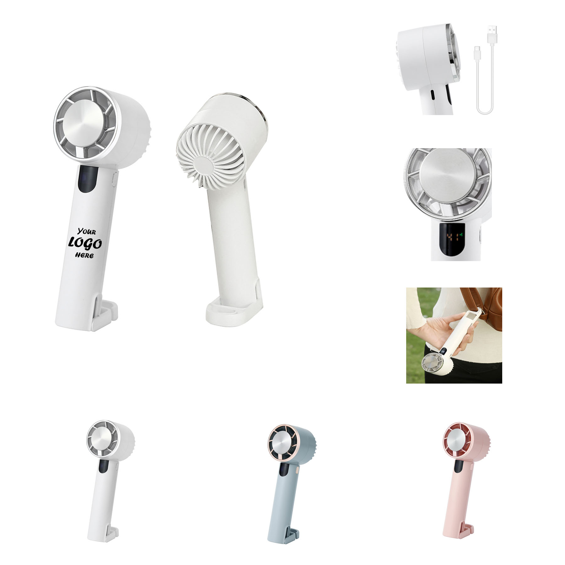 3 Speeds USB-C Mini Display Handheld Fan w/ Stand
