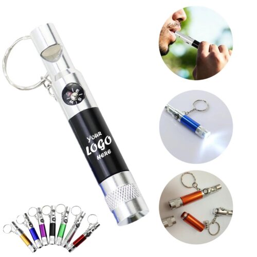 Aluminum Whistle Flashlight Compass Keychain For Camping