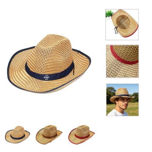 Straw Cowboy Hat With Wide Brim And Ribbon Imprint