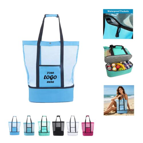 Detachable Mesh Beach Tote With Insulated Cooler Pocket